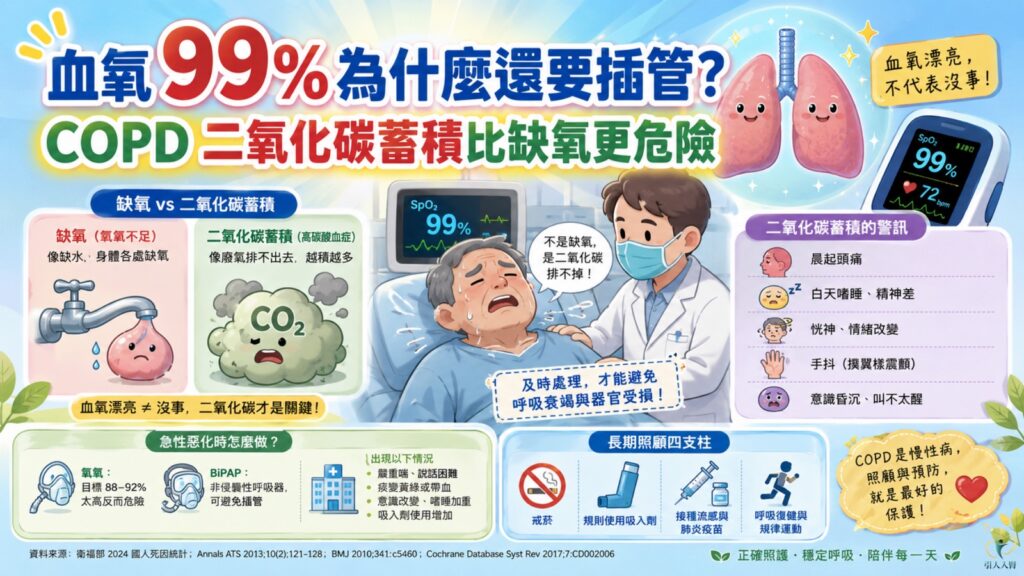 血氧 99% 為什麼還要插管?COPD 二氧化碳蓄積比缺氧更危險 懶人包