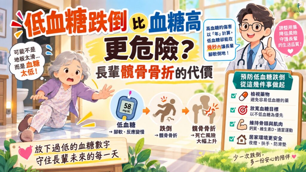 低血糖跌倒比血糖高更危險?長輩髖骨骨折的代價 懶人包